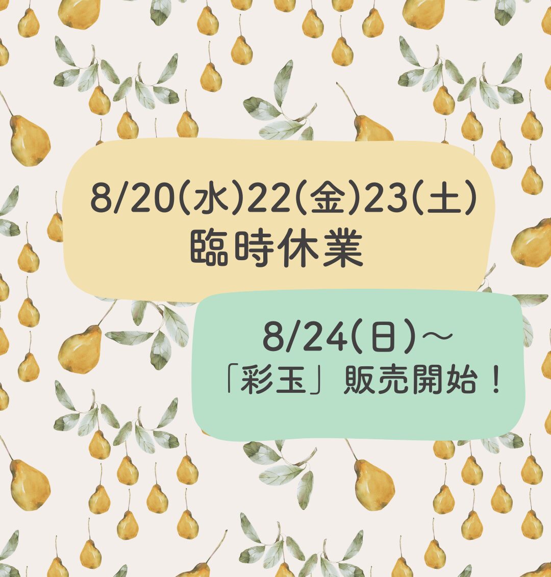 8/20,22,23臨時休業します。彩玉は8/24～販売開始予定